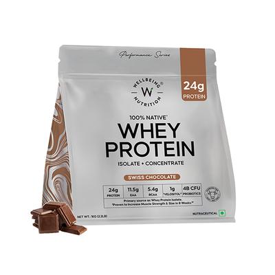 Wellbeing Nutrition 100% Native Whey Protein Isolate + Concentrate - Swiss Chocolate 1 Kg - Whey Proteins