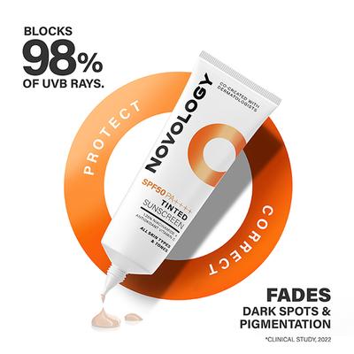Novology SPF 50 PA++++ Tinted Sunscreen for Pigmentation, for All Skin Types, Natural Finish 50 gm - Body Sunscreen