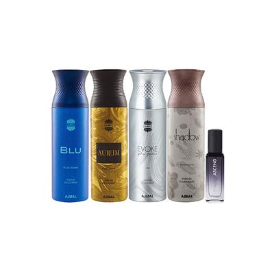 Ajmal Blu & Aurum & Evoke silver Edition Homme & Shadow Homme Deo & Ascend EDP Pack of 4 20 ml - Women Perfumes (Edt/Edp)