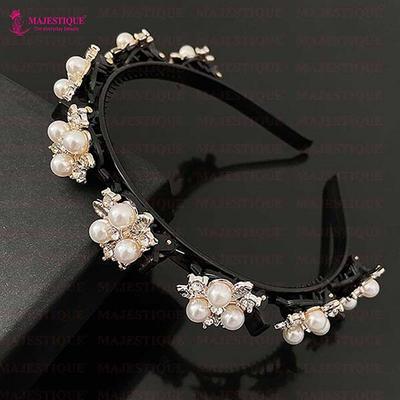Majestique Stylish Braided Double Layer Twist Plait Plastic Headband with Elegant Flower 1's - Hair Clips/Bands