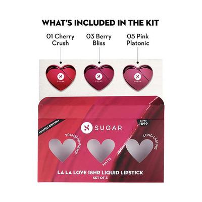 Sugar Cosmetics La La Love 18Hr Liquid Lipstick Set Of 3 - 01 Cherry Crush, 03 Berry Bliss And 05 Pink Platonic 15 gm - Lip Kits & Palettes