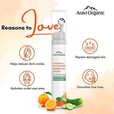 Aravi Organic Vitamin C and Cucumber Under Eye Cream Roll On For Dark Circles and Puffy Eyes 15 ml - Under Eye Creams & Serums