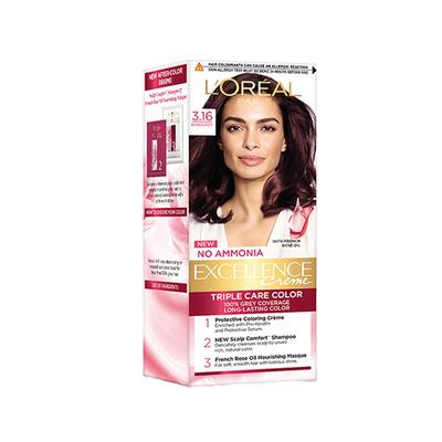 L'Oreal Paris No Ammonia Excellence Creme Tripple Care Color With French Rose Oil 3.16 Burgundy, (25gm + 25ml) 1's - Crème