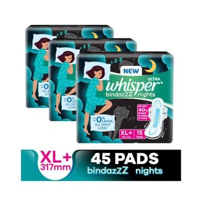 Whisper Bindazzz Nights Sanitary Pads for Women, XL+ 15 Napkins 3's - Sanitary Napkins