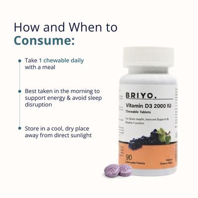 Briyo Vitamin D3 2000 IU Chewable tablets - Natural Grape Flavor 90's - Multi-Vitamins
