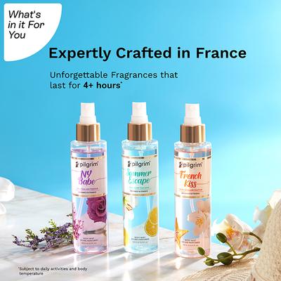 Pilgrim French Kiss, Ny Babe and Summer Escape Body Mist Spray Long Lasting Fragrance 3's - Body Mist/Spray