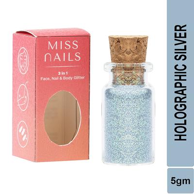 Miss Nails 3 In 1 Glitter Holographic Silver 13 5 gm - Nail Polish