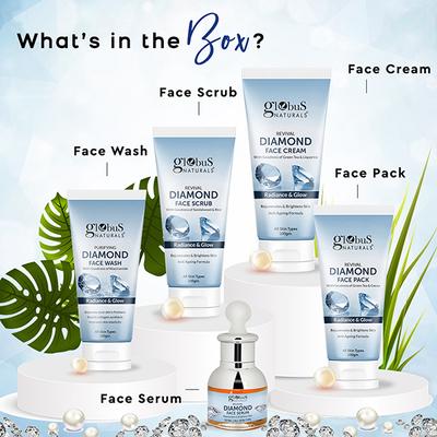 Globus Naturals Revival Diamond Diwali Glow Gift Box -Face Wash 100gm, Face Scrub 100gm, Face Cream 100gm, Face Pack 100gm, Face Serum 50ml 1's - Makeup Kits & Sets