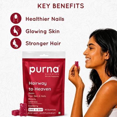 Purna Gummies Biotin Cranberry Flavour Gummy for Hair, Nails and Skin, 1 daily 30's - Hair & Skin