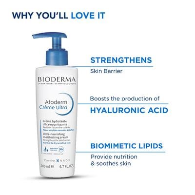 Bioderma Atoderm Creme Ultra-Nourishing Moisturiser with Hyaluronic Acid & Ceramides - Pump Bottle 200 ml - Face Moisturizers
