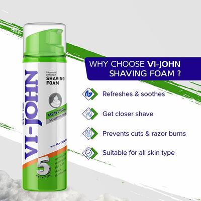 VI-John Sensitive Skin 5 Way Action Vitamin E Enriched Menthol Shaving Foam for Men with Tea Tree Oil 200ml - Shaving Foams
