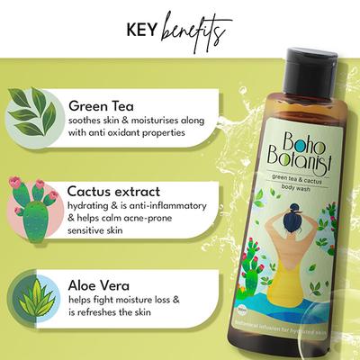Boho Botanist Body Wash Green Tea & Cactus - Hydrates & Freshens, Sulphate Free Shower Gel 350 ml - Shower Gels & Body Wash