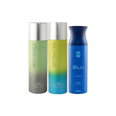 Ajmal Nightingale And Distraction For Men & Women And Blu Homme Deodorants Pack of 3 200 ml - Deodorants/Roll-Ons