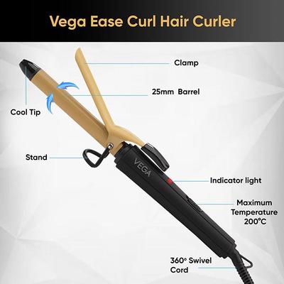 Vega Ease Curl Hair Curler 25 mm With Ceramic Coated Barrel (VHCH-02) Black 1's - Multi-Stylers