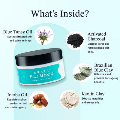 Arata Natural Clay Face Masque With Activated Charcoal ,Kaolin & Brazilian Blue Clay 100 gm - Masks & Peels