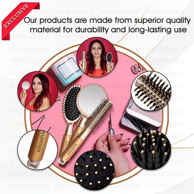 Majestique Round and Oval Cushion Hair Brush Set with Handle Mirror for All Types Style 3's - Hair Brushes