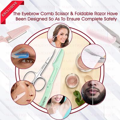 Majestique Eyebrow Trimmer Scissors with Folding Facial Razors - Multicolor 3's - Face & Eyebrow Razors