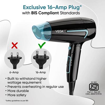 Vega U Style 1400-1600W Foldable Hair Dryer For Women & Men With Cool Shot, 2 Speed/Heat Settings, (Vhdh-24) - Hair Dryers
