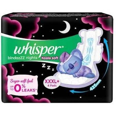 Whisper Bindazzz Nights Koala Soft Sanitary Pads for Women 425 mm XXXL+ 4's - Sanitary Napkins