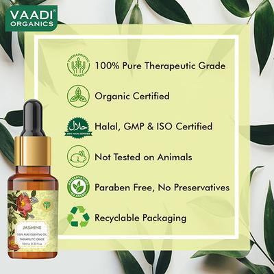 Vaadi Herbals Jasmine Essential Oil - Nourishes Dry & Damaged Hair, Improves Sleep, Uplifts Mood, Reduces Acne & Blemishes - 100% Pure Therapeutic Grade 10 ml - Essential Oils