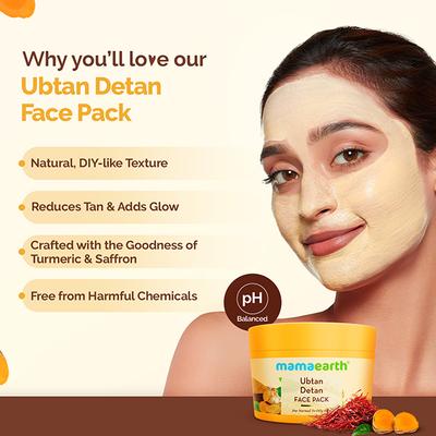 Mamaearth Ubtan Detan Face Pack with Turmeric & Saffron for Normal to Oily Skin 200 gm - Face Packs
