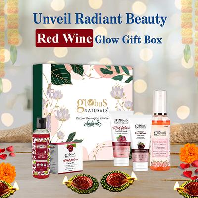 Globus Naturals Red Wine Festive Glow Gift Box - Face Wash 75gm, Peel Off Mask 100gm, Facial Kit 40gm and Body Wash 100gm, Rose Toner 100ml 1's - Makeup Kits & Sets