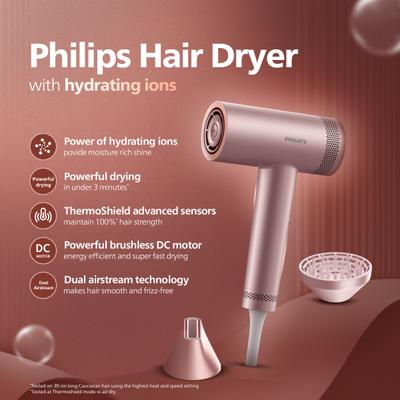 Philips Hydrating Hair Dryer Retain 100% Hair Strength, 2 magnetic attachment BHD837/10 1's - Hair Dryers