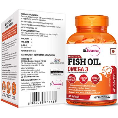St.Botanica Fish Oil Advanced Double Strength 650mg Omega 3 with EPA 100 gm - Omega Fish Oil Fatty Acids