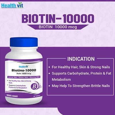 Healthvit Biotino-10000 Biotin 10000 mcg for Longer Hair, Glowing Skin and Thicker Nails - Tablets 60's - General Health