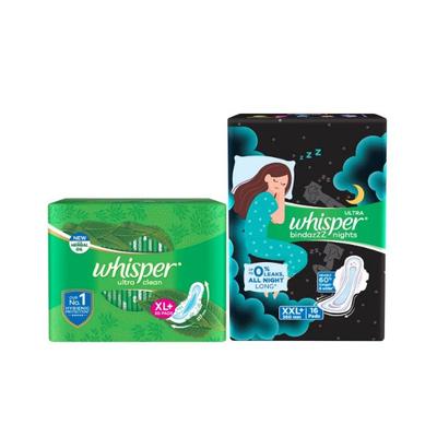 Whisper Ultra Clean Sanitary Pads For Women XL Napkins + Whisper Bindazzz Nights Sanitary Pads XXl Napkins 66's - Sanitary Napkins