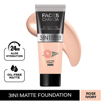 FACES CANADA 3in1 All Day Hydra Matte Foundation + Moisturizer + SPF 30 Rose Ivory 011 15 ml - Foundation