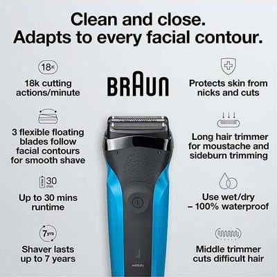 Braun Series 3 310s Wet and Dry Electric Shaver for Men and Rechargeable, Sensitve Shave for Skin Comfort Cordless 353.8 gm - Grooming Kits