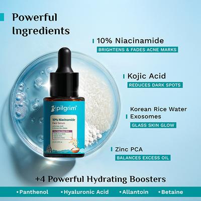 Pilgrim 10% Niacinamide with Kojic Acid & Korean Rice Water Face Serum for Clear & Glass Skin 30 ml - Face Mists