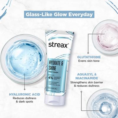 Streax Skin Hydrate & Shine Face wash cleanser 4% Hyaluronic & Gluathione Serum complex 100 ml - Scrubs & Exfoliants
