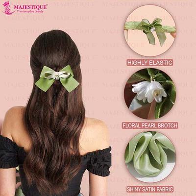 Majestique Satin Silk Layered Hair Bow Embellished Clip And Hair Scrunchies Combo For Women Girls - Green 2's - Hair Clips/Bands