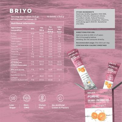 Briyo Forme Collagen + Hyaluronic Acid Structural Support Drink Mix Sugar Free Sachets - Orange Flavour (Pack of 10 x 11.6 g) - Nutritional Supplement