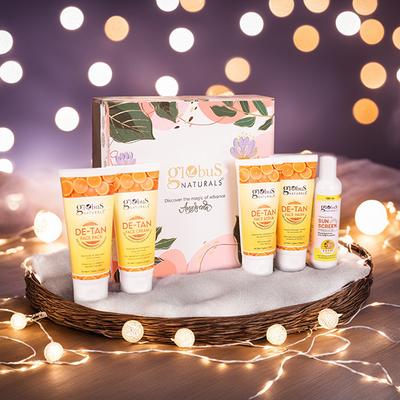 Globus Naturals Tan Vanish and Glow Goals Box, Box Includes - De-Tan Face Wash 100gm, Face Scrub 100gm, Face Cream 100gm, Face Pack 100gm, and Sunscreen Lotion 100ml 1's - Creams, Lotions & Oils
