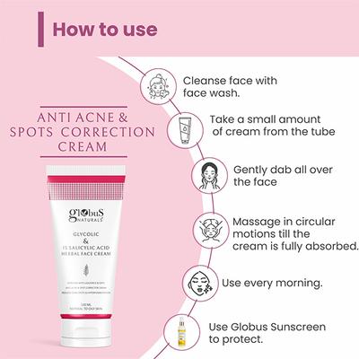 Globus Naturals Glycolic & 1% Salicylic Acid Herbal Anti Acne Face Cream, Liquorice & Oats 100 gm - Face Moisturizers