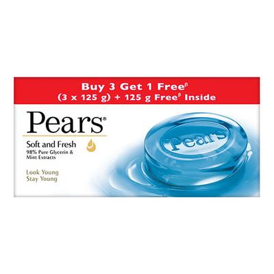 Pears Soft & Fresh Bathing Bar with 98% Pure Glycerine & Mint Extracts Look Young Stay Young 125gm Each 4's - Soaps