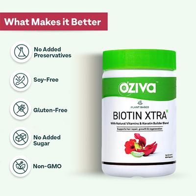 Oziva Plant Based Biotin Xtra, 7000 Mcg+ Biotin with Hair Growth with Keratin Builder, Vitamin for Hair Growth, Repair and Regeneration, Veg Capsules 60's - Hair & Skin