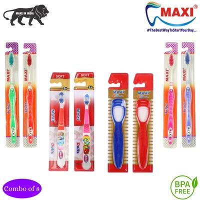 MAXI Oral Care Hygiene Family Combo Pack - (Tiger 4's + Dolls Junior 2's + Tongue Cleaner-No.1 2's) - Toothbrushes