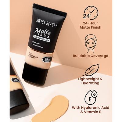 Swiss Beauty Matte Maxx Cover Foundation, 24- Hour Stay, with Hyaluronic Acid & Vitamin E, Oil-Control Formula 6 - Deep Warm 30 gm - Foundation