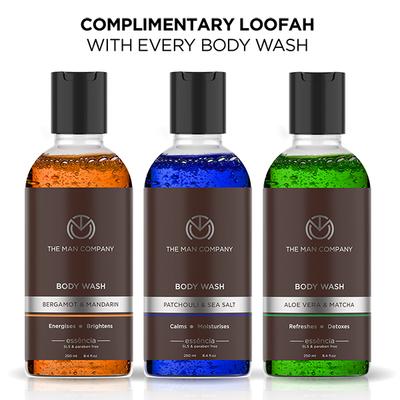 The Man Company Body Wash with Patchouli & Sea Salt Bergamot & Mandarin Aloe Vera & Matcha SLS & Paraben Free 250ml x 3 (With Free 3 Complementary Loofah) 1000 gm - Shower Gels & Body Wash