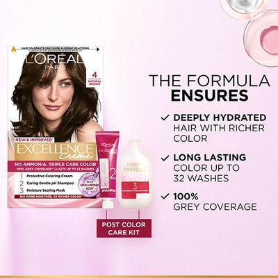 L'Oreal Paris Excellence Creme Hair Color, 4 Natural Brown 100gm+72ml - Crème
