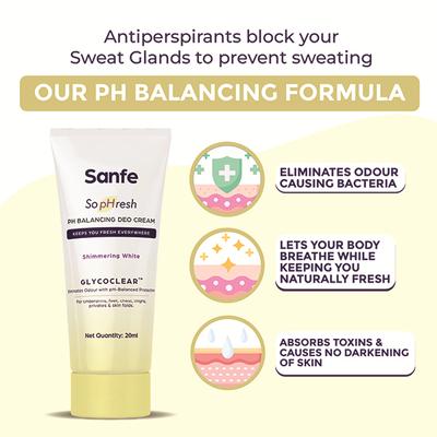 Sanfe So PHresh PH Balancing Deo Cream Shimmering White for Underarm Feet Intimates and Skin Fold 20 ml - Intimate Hygiene