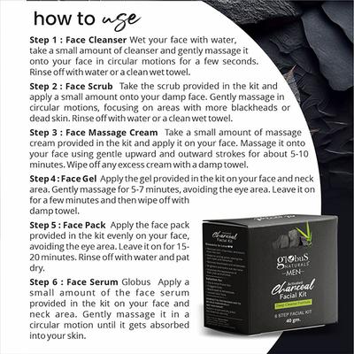 Globus Naturals Anti-Pollution Charcoal Men 6 Step Facial Kit, for Oil Control & Blackhead Removal 40 gm - Facial Kits