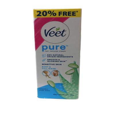 Veet Pure Sensitive Skin Body & full bikini Hair Removal Cream - Organic Aloe Vera (Pack of 50 + 10 g Free) 60 g - Hair Removal Accessories