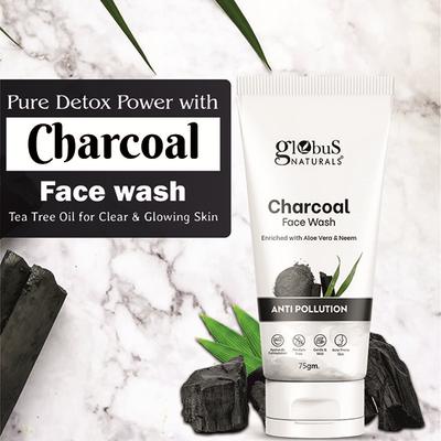Globus Naturals Anti Pollution Charcoal Face Wash, Enriched with Tea Tree Oil, for Oily and Acne Prone Skin, 75gm each 2's - Face Wash & Cleansers