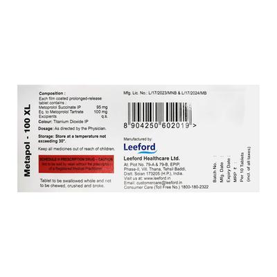 METAPOL XL 100 Tablet 10's - Hypertension-Bet