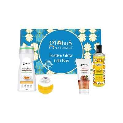 Globus Naturals Kesar Chandan Glow Infusion Kit, Box Includes - Honey Malai Lotion 200gm, Haldi Chandan Body Wash 100gm, Kesar Chandan Face Wash 75gm, Kesar Chandan Face Gel 100gm 1's - Creams, Lotions & Oils